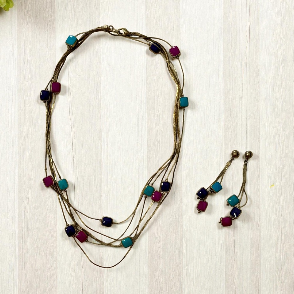Vintage Chico's Multicolor Enamel Beaded Necklace & Earrings